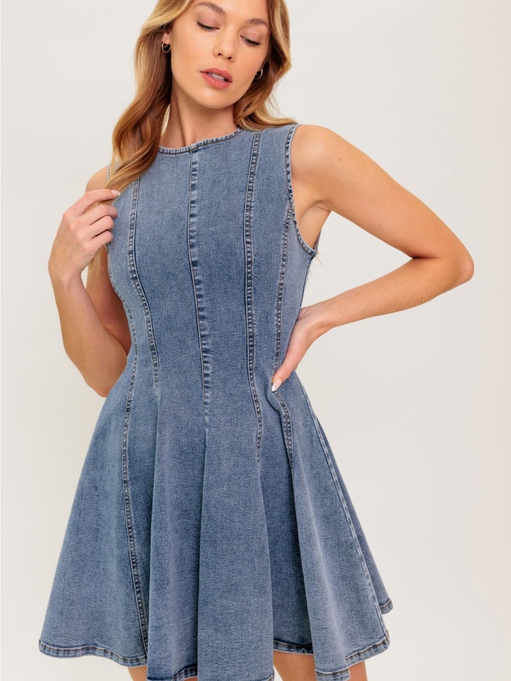 Flying Tomato Sleeveless Denim Fit-and-Flare Dress in Blue